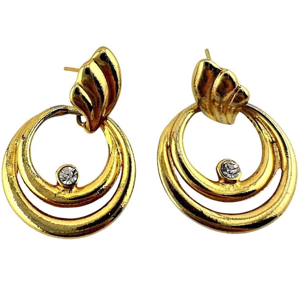 Vintage Avon Crystal Rhinestone Accent Dangle Ring Gold Tone 1.5” Earrings